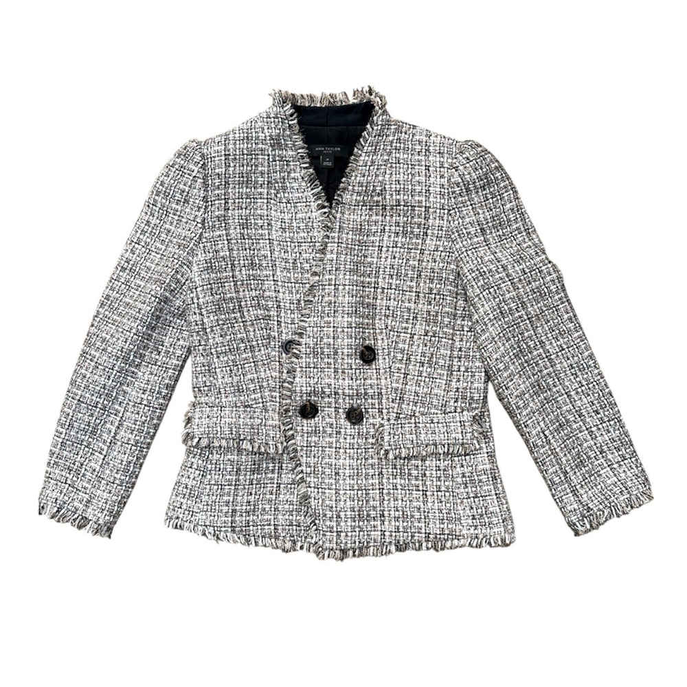 Ann Taylor Petite 0P Black & White Tweed Fringe-Trim Jacket